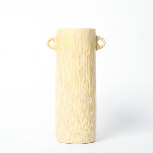 Vaso cilindrico beige effetto inciso con manici