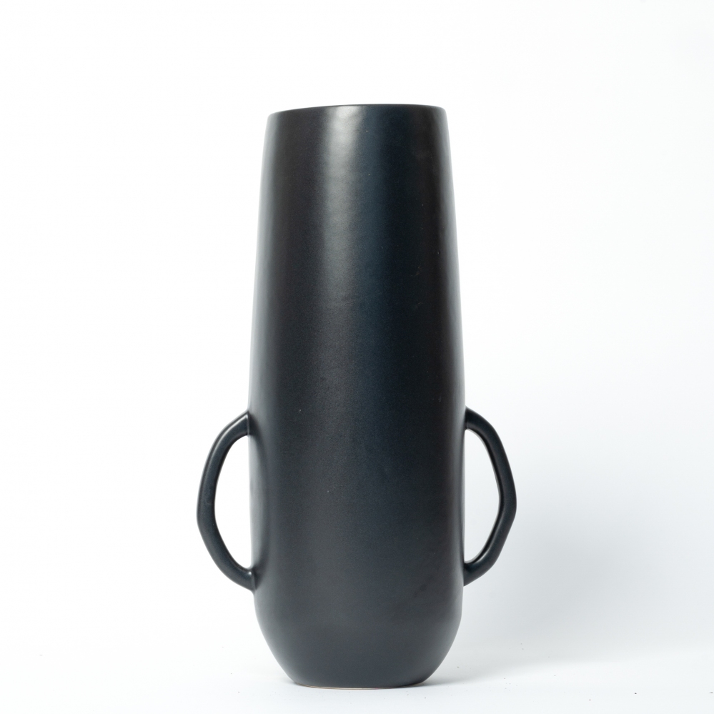 Vaso cilindro nero con manici  in ceramica